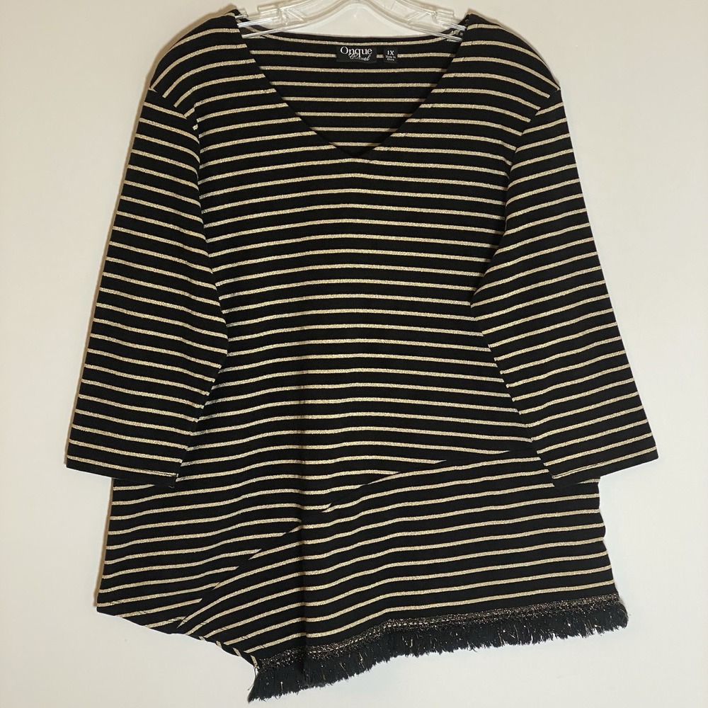 Onque Casuals Top Womens Large Black Gold Striped Asymmetric Fringe Hem Artsy L